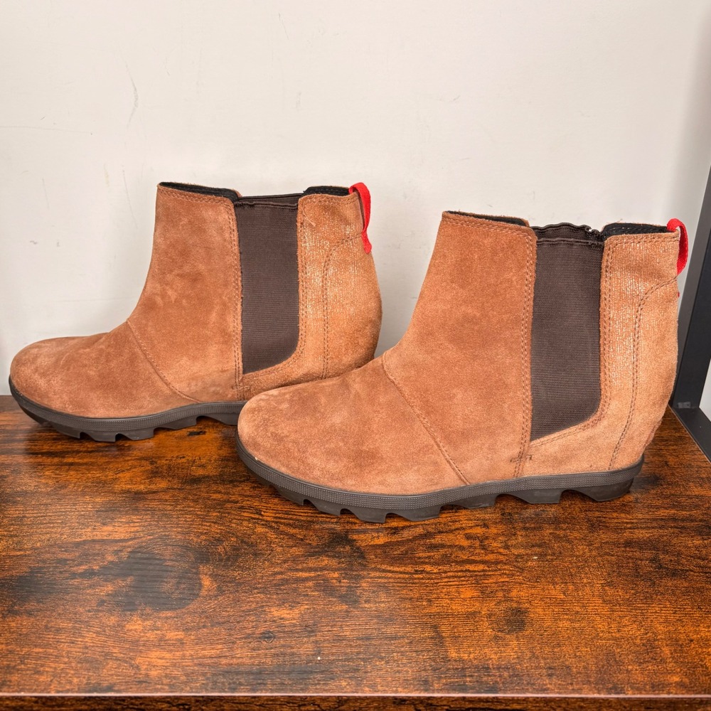Sorel Joan of Arctic Wedge Ankle Boots Womens 5 Brown Suede Chelsea Booties Chic